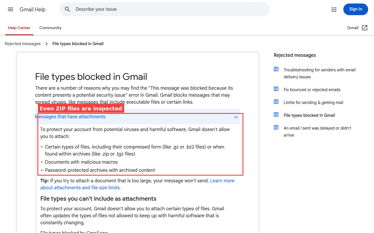 Gmail Help Center page listing blocked file types, with annotation showing that Gmail checks inside ZIP files too