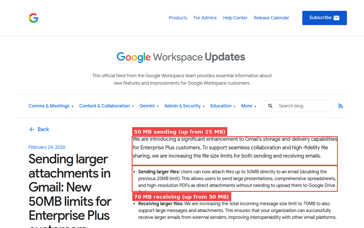 Google Workspace Updates blog from February 24, 2026 announcing 50 MB sending and 70 MB receiving for Enterprise Plus, with key details highlighted in red