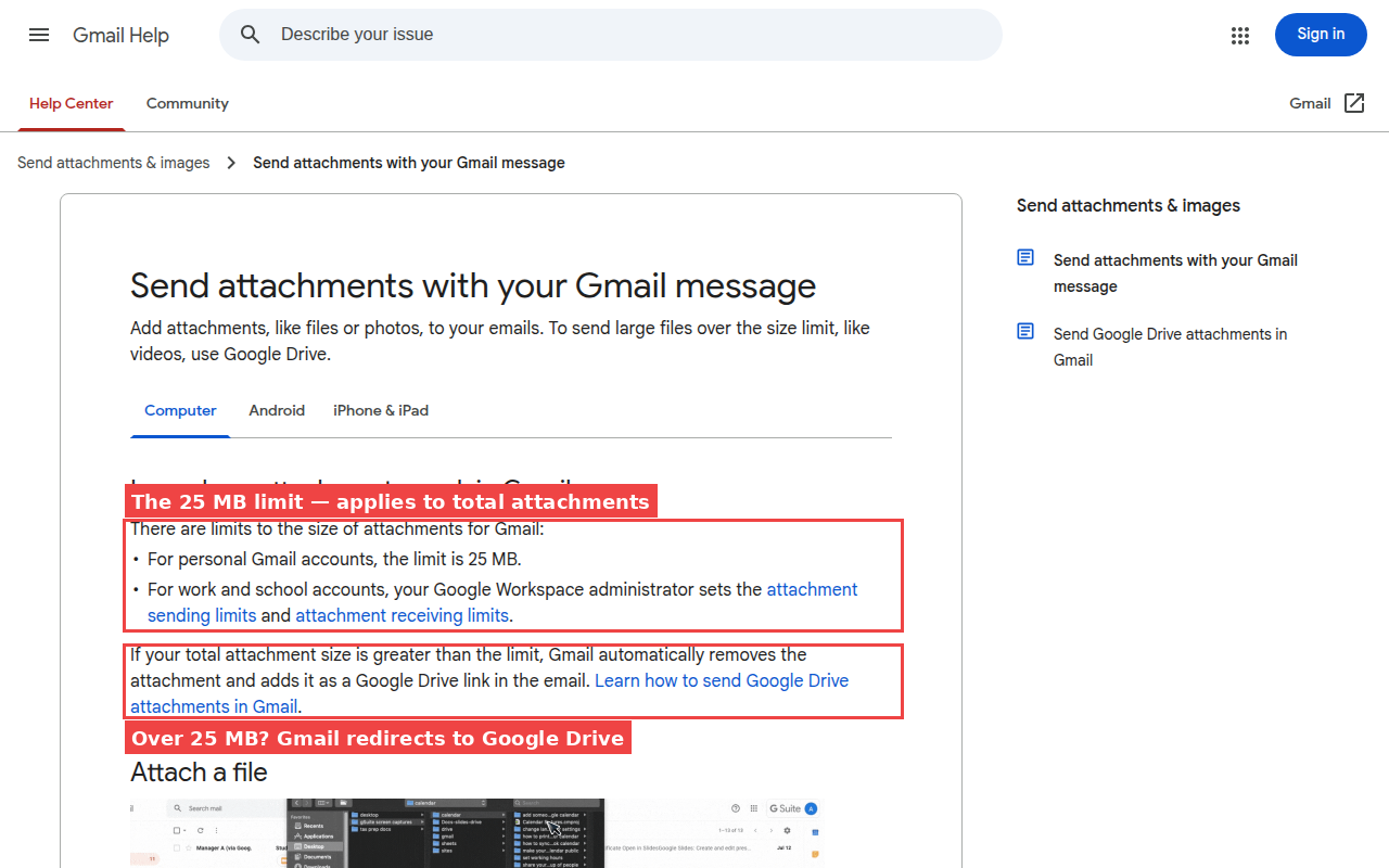Screenshot of Gmail's Help Center page confirming the 25 MB attachment limit, with red annotations highlighting the limit and the Google Drive redirect